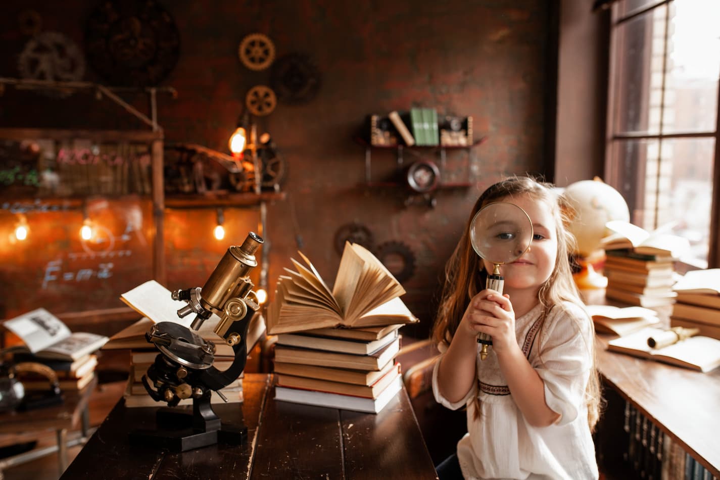 image of a pile of books and a girl holding a magnifying glass